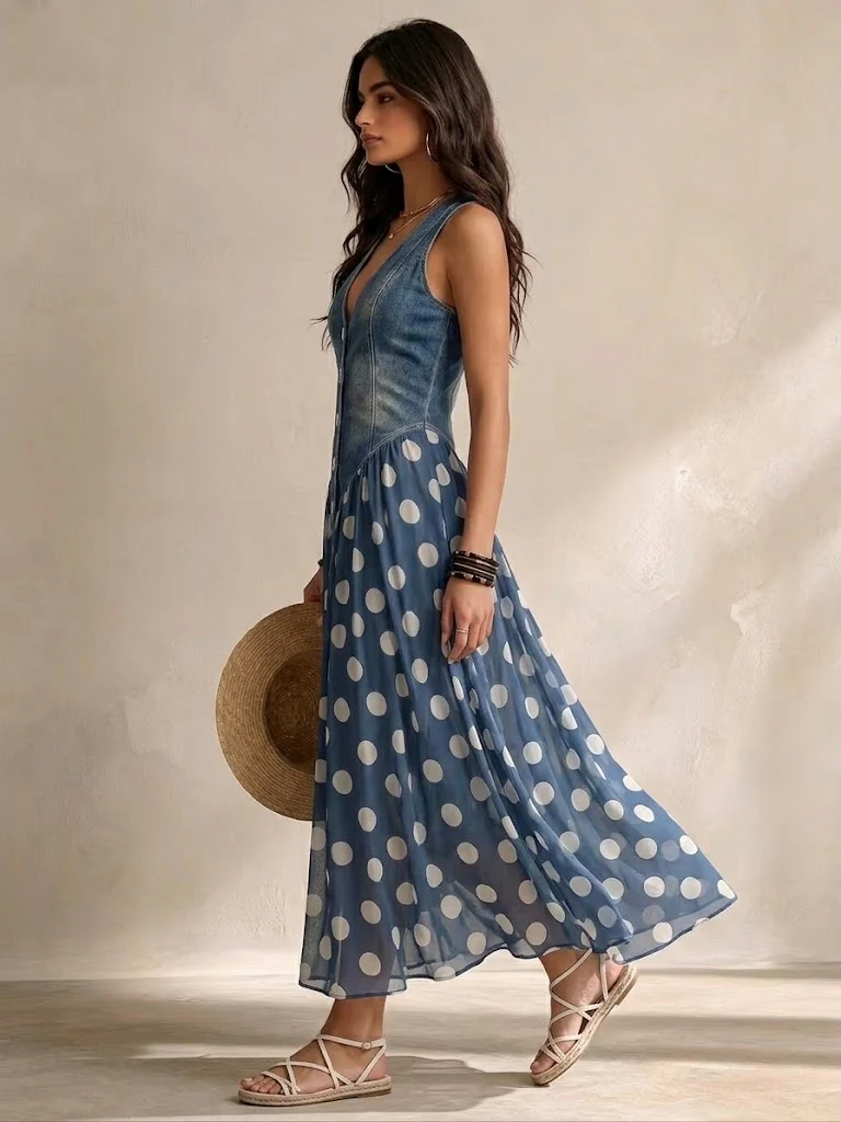 EMMA LORENT | Vestido Vaquero Con Falda De Lunares