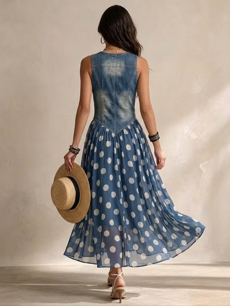 EMMA LORENT | Vestido Vaquero Con Falda De Lunares