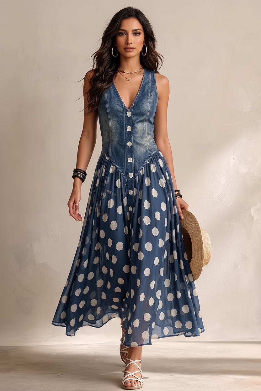 EMMA LORENT | Vestido Vaquero Con Falda De Lunares